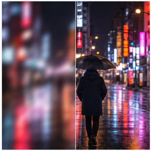 Neon night street, shown with realistic blur on the left and restored detail on the right