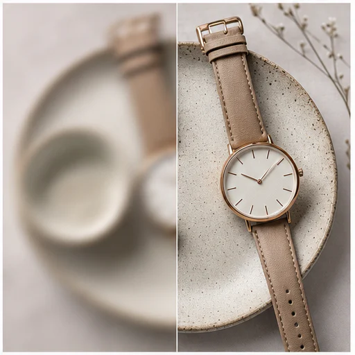 Minimal wristwatch, shown with realistic blur on the left and restored detail on the right
