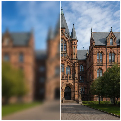 Brick architecture, shown with realistic blur on the left and restored detail on the right