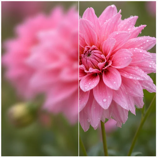 Macro flower, shown with realistic blur on the left and restored detail on the right