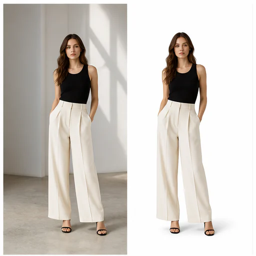 Full-length fashion portrait, shown before and after replacement with a clean white background
