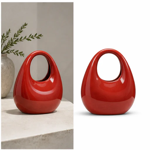 Structured handbag, shown before and after replacement with a clean white background