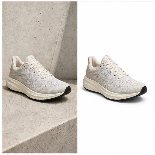 Leather shoe, shown before and after replacement with a clean white background