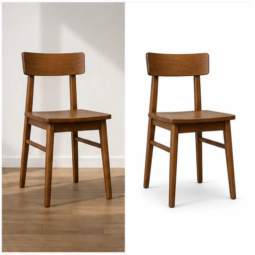 Upholstered chair, shown before and after replacement with a clean white background