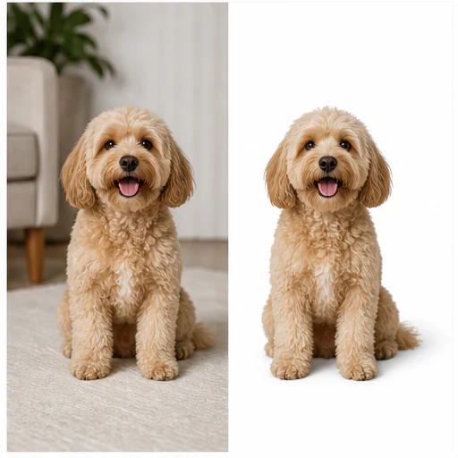 Long-haired dog, shown before and after replacement with a clean white background