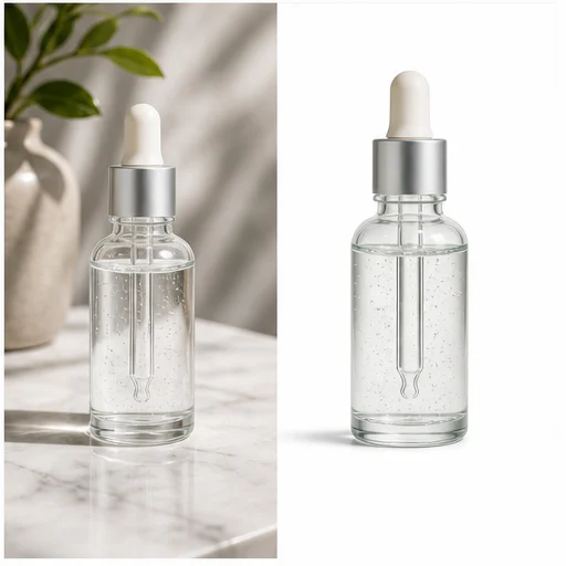 Clear glass bottle, shown before and after replacement with a clean white background
