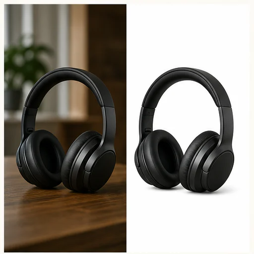 Over-ear headphones, shown before and after replacement with a clean white background