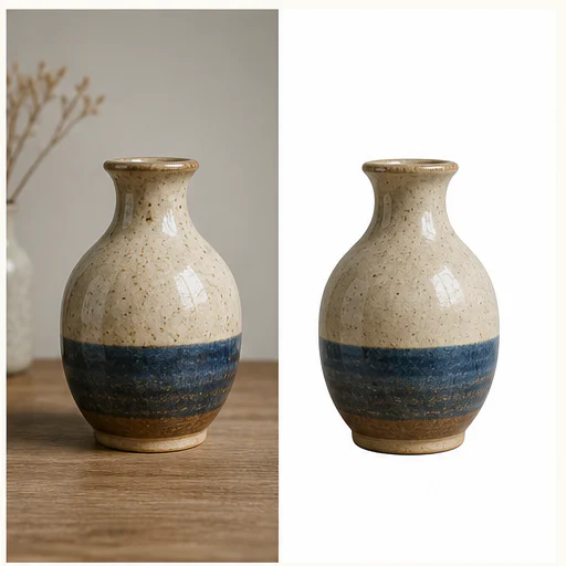 Textured ceramic vase, shown before and after replacement with a clean white background
