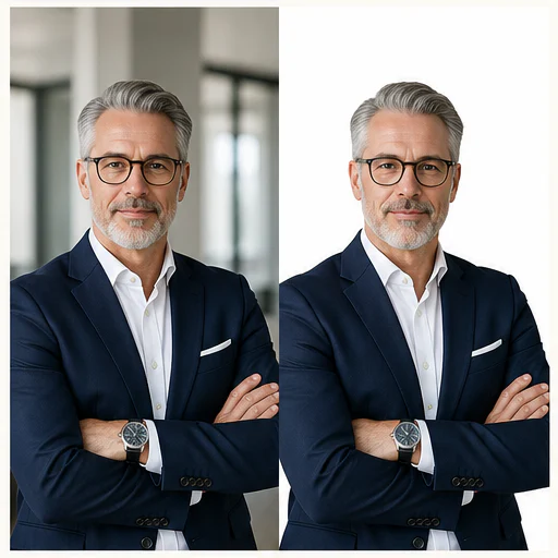 Mature professional portrait, shown before and after replacement with a clean white background