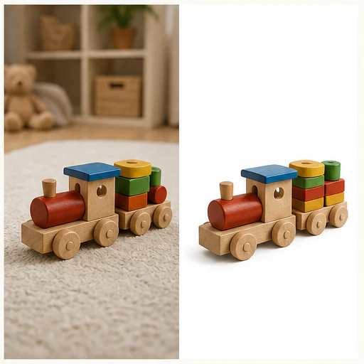 Small toy train, shown before and after replacement with a clean white background