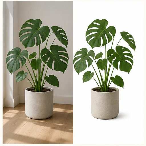 Detailed houseplant, shown before and after replacement with a clean white background