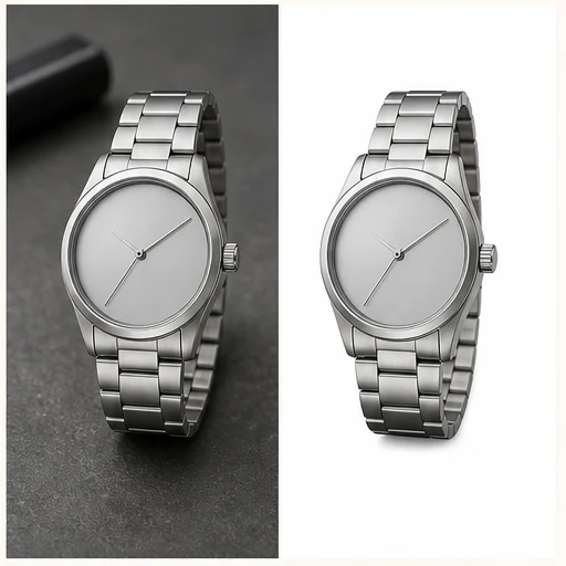 Reflective wristwatch, shown before and after replacement with a clean white background