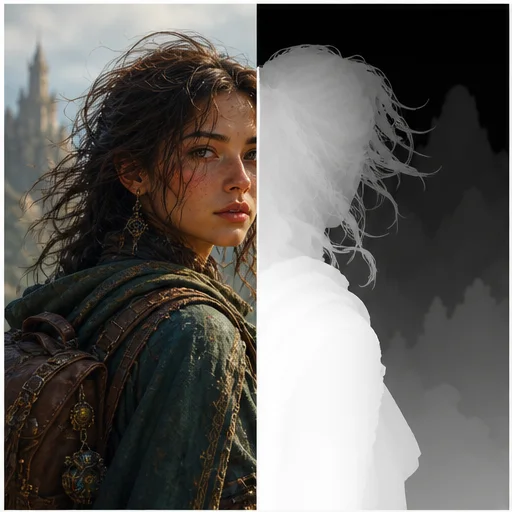 Fantasy traveler portrait shown beside an aligned grayscale hair and portrait depth map