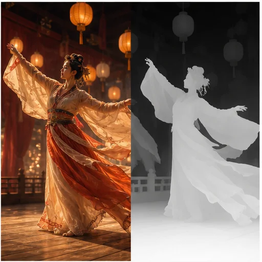 Lantern-stage dancer shown beside an aligned grayscale flowing costume depth map