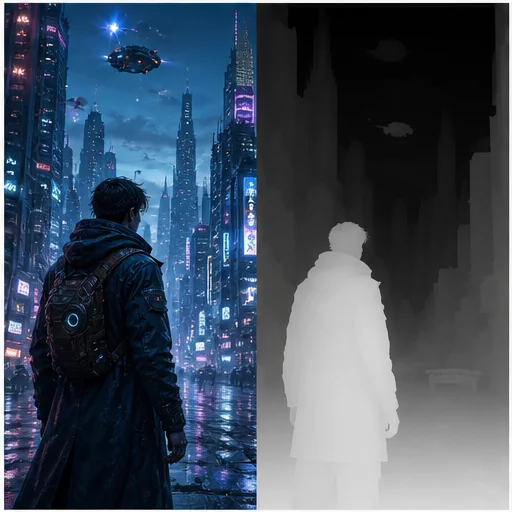 Futuristic city street shown beside an aligned grayscale city and character depth map