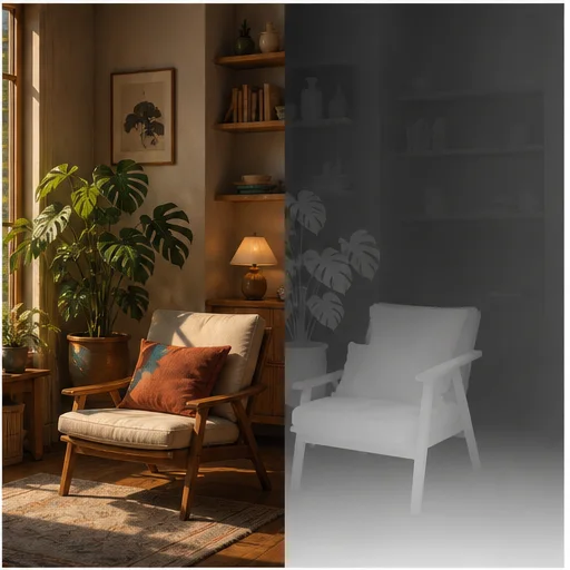 Warm interior scene shown beside an aligned grayscale furniture and room depth map