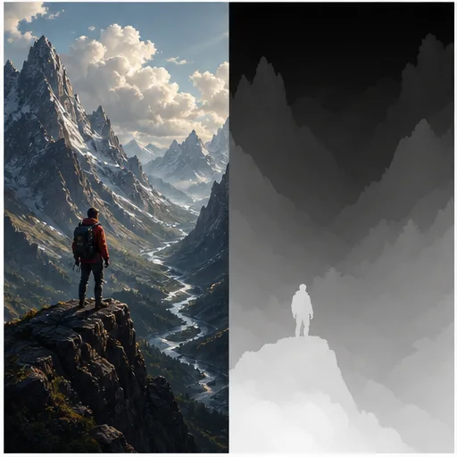 Mountain valley explorer shown beside an aligned grayscale landscape depth map