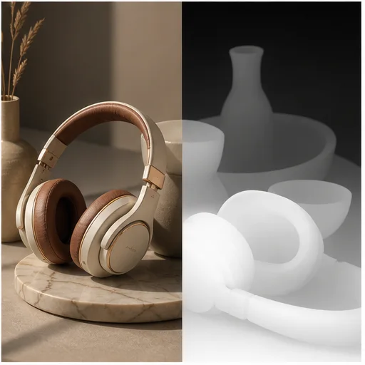 Headphone still life shown beside an aligned grayscale product and object depth map