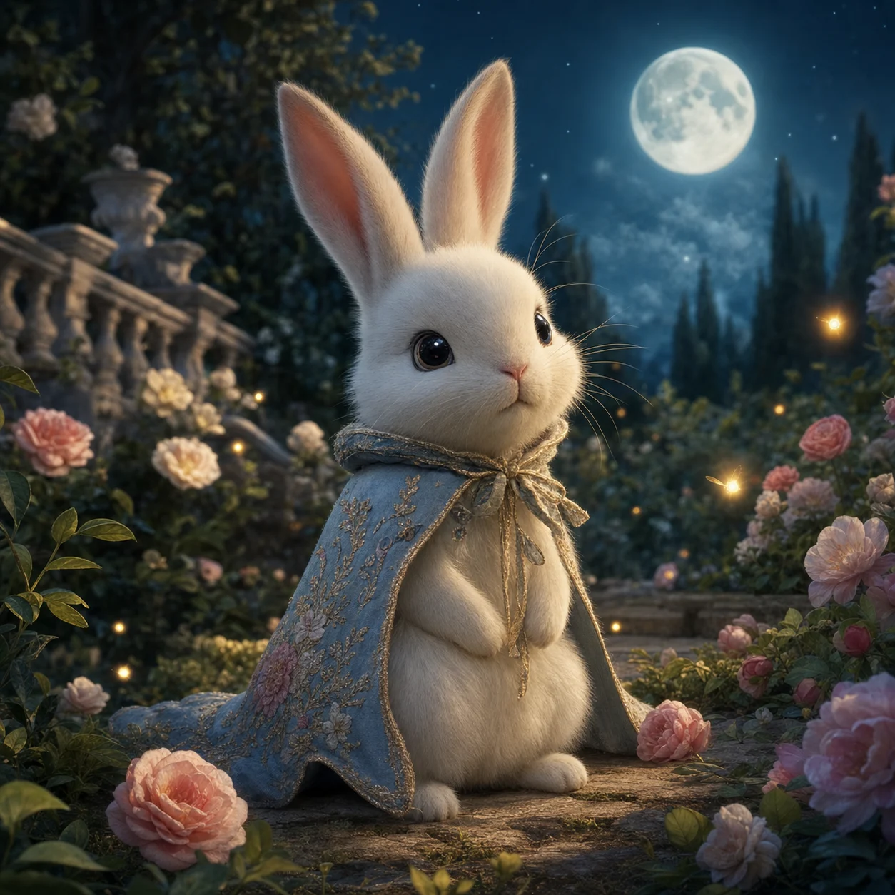 White rabbit storybook companion in a moonlit garden