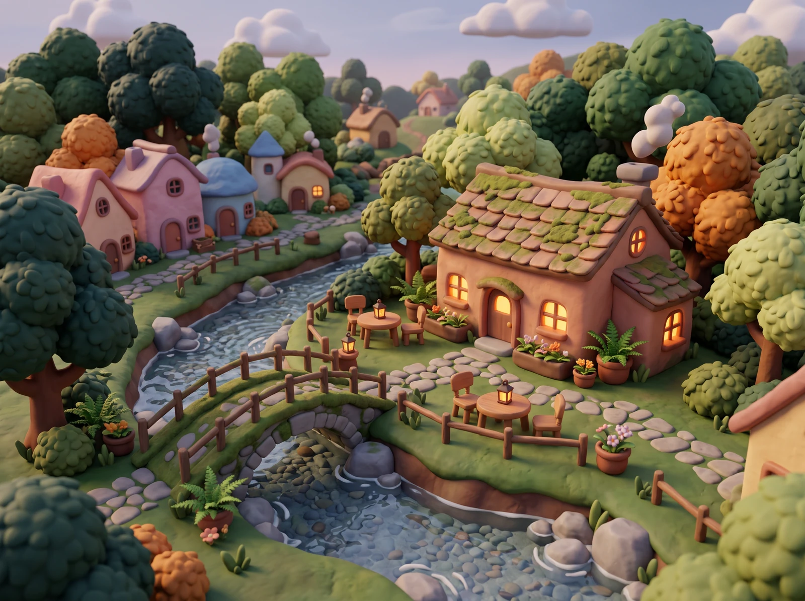Original soft-clay-looking forest café environment with a curved bridge and rounded houses