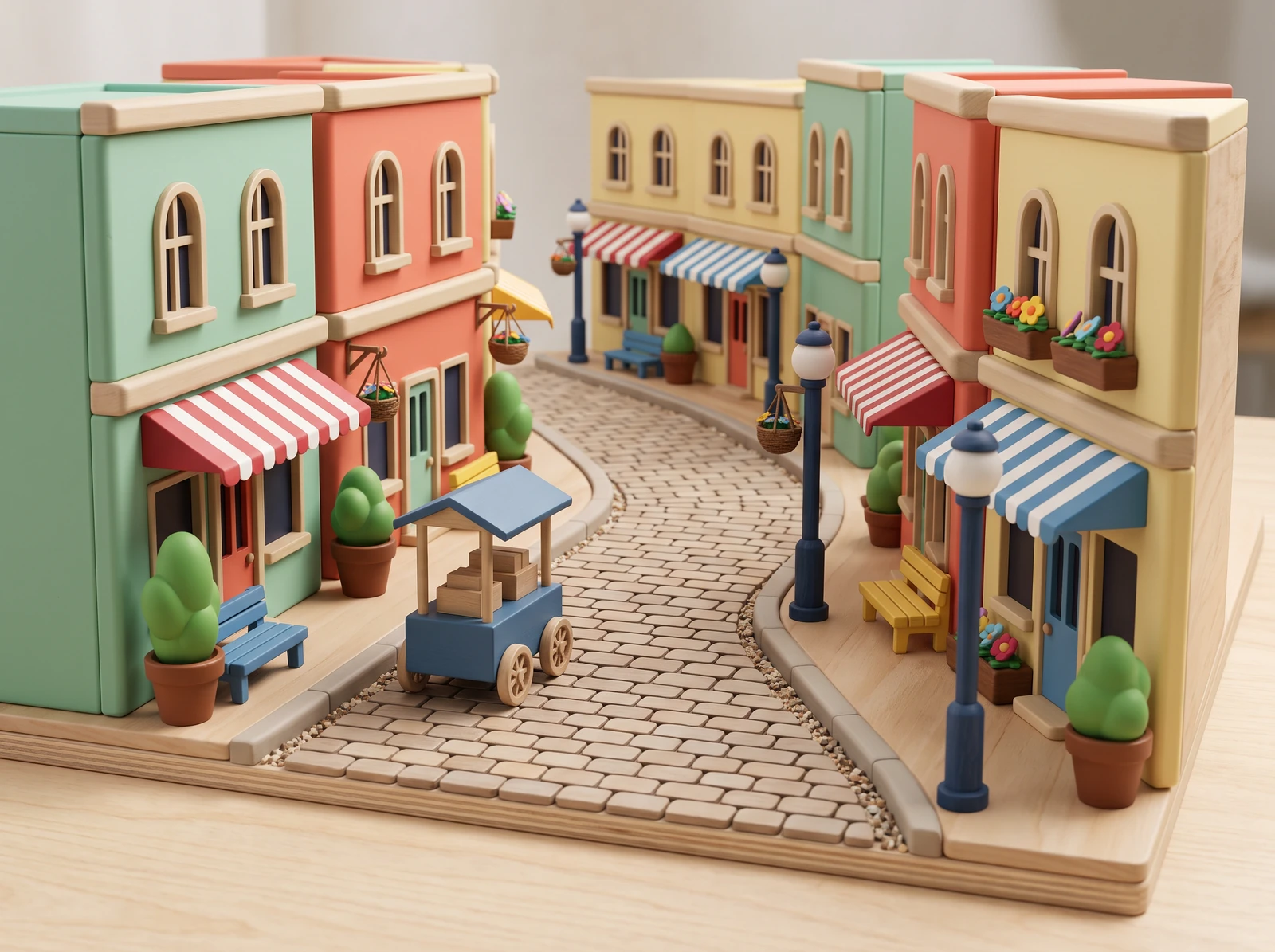 Original toy-like 3D street scene with colorful rounded buildings, oversized plants and soft shadows
