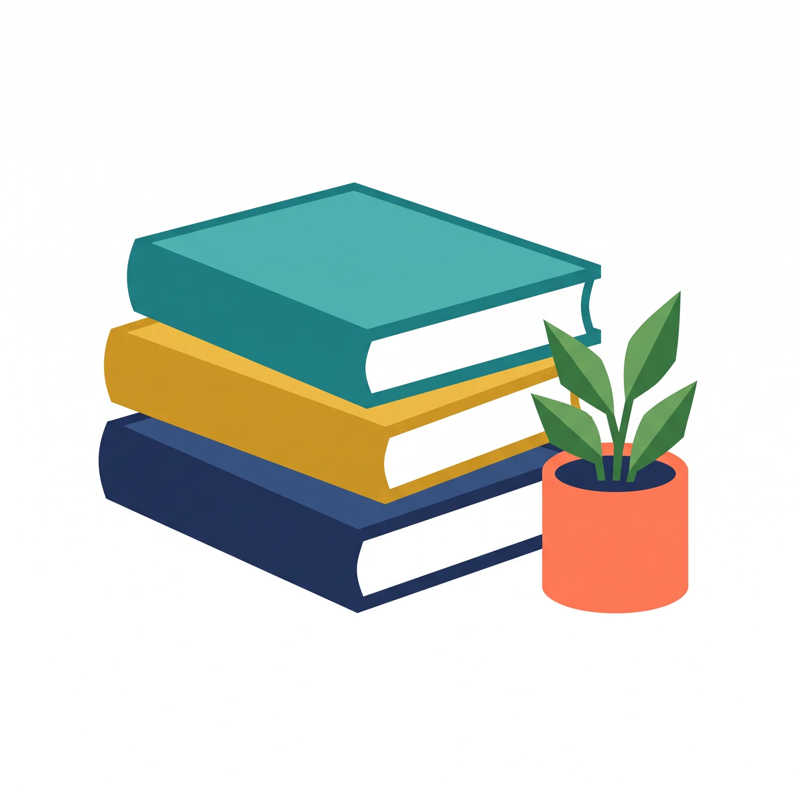 Geometric raster clipart of three colorful books and a potted plant isolated on white