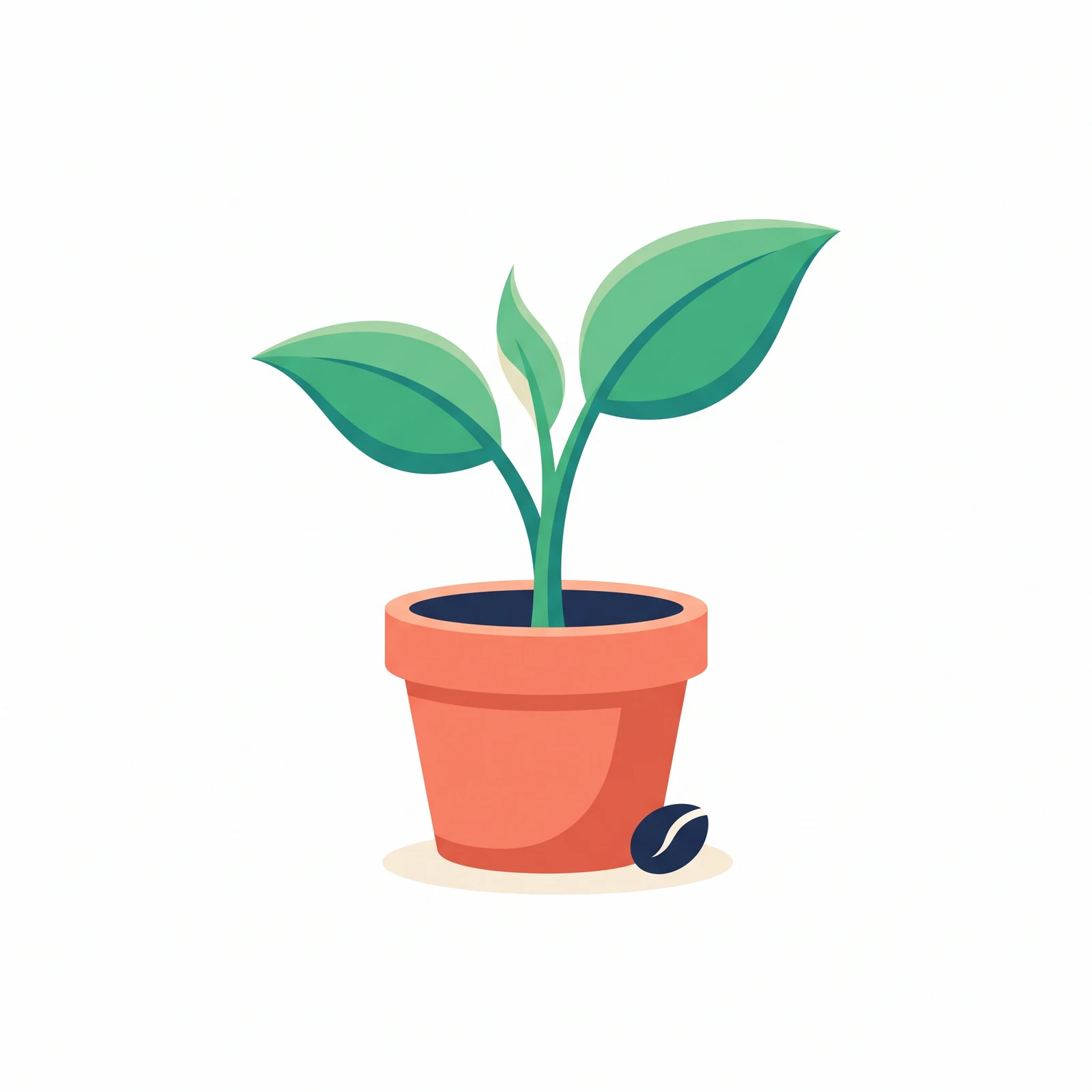 Minimal editorial raster clipart of a young seedling growing in a terracotta pot on white