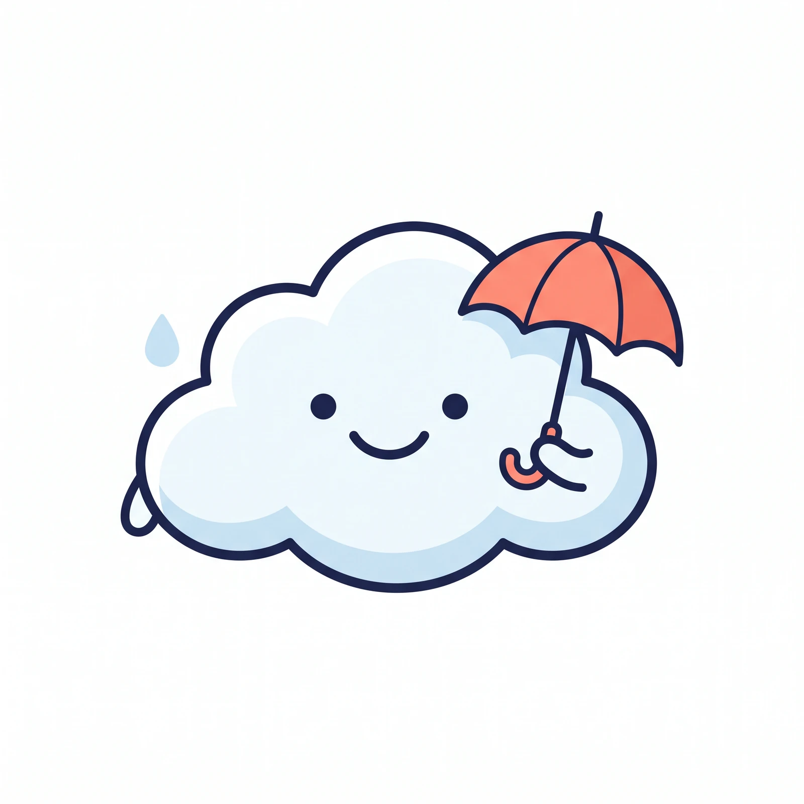 Friendly raster clipart of an original smiling cloud holding a small umbrella on solid white