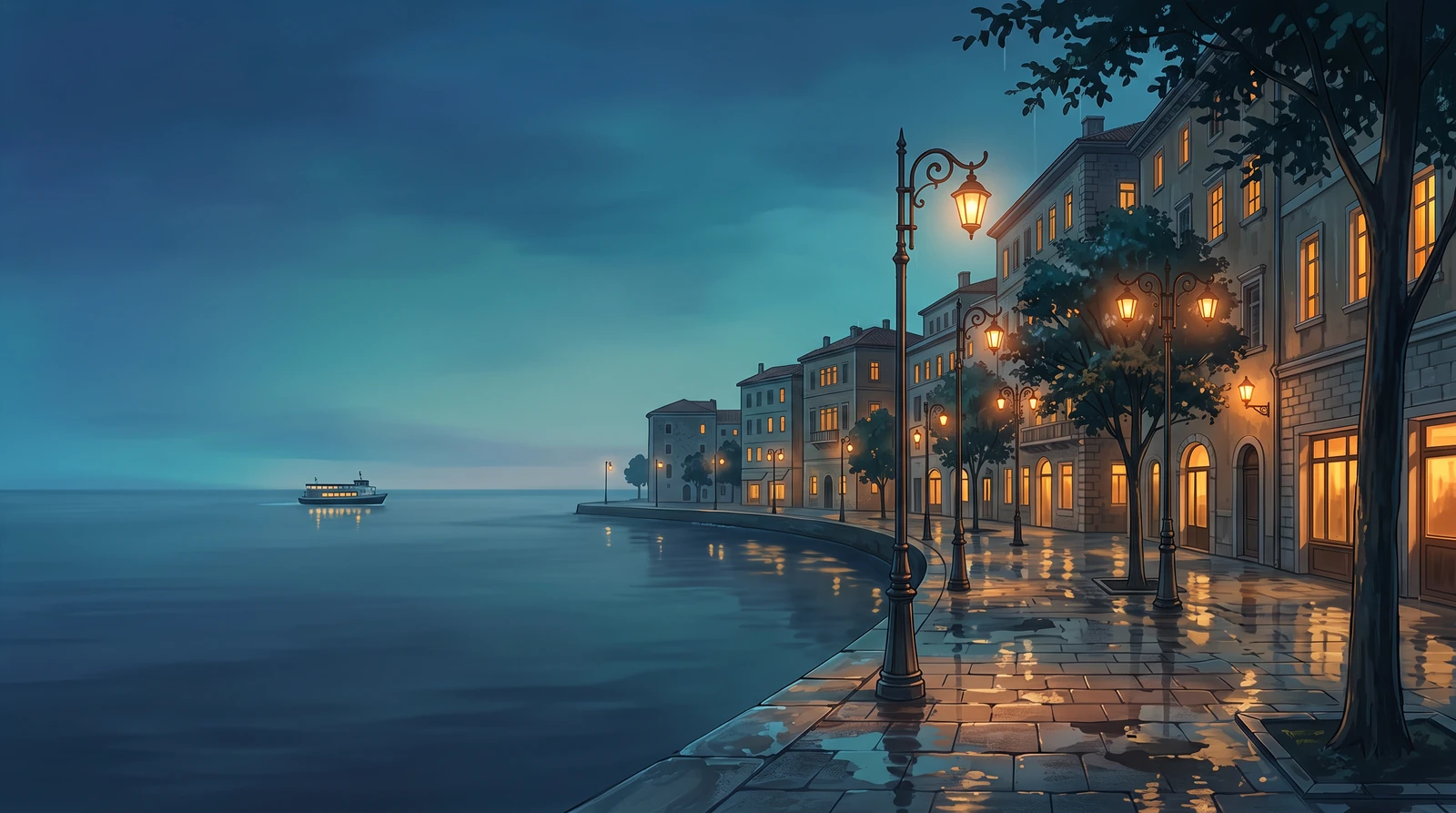 Wide anime wallpaper of a rainy coastal city at blue hour, with a quiet left sky for desktop icons