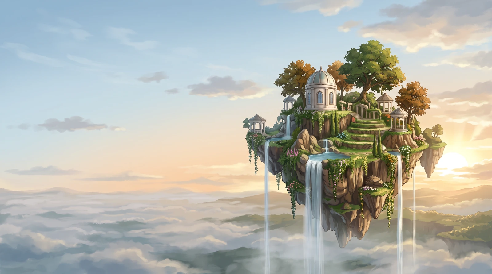 Wide anime wallpaper of floating garden islands and waterfalls under a softly lit sunrise sky