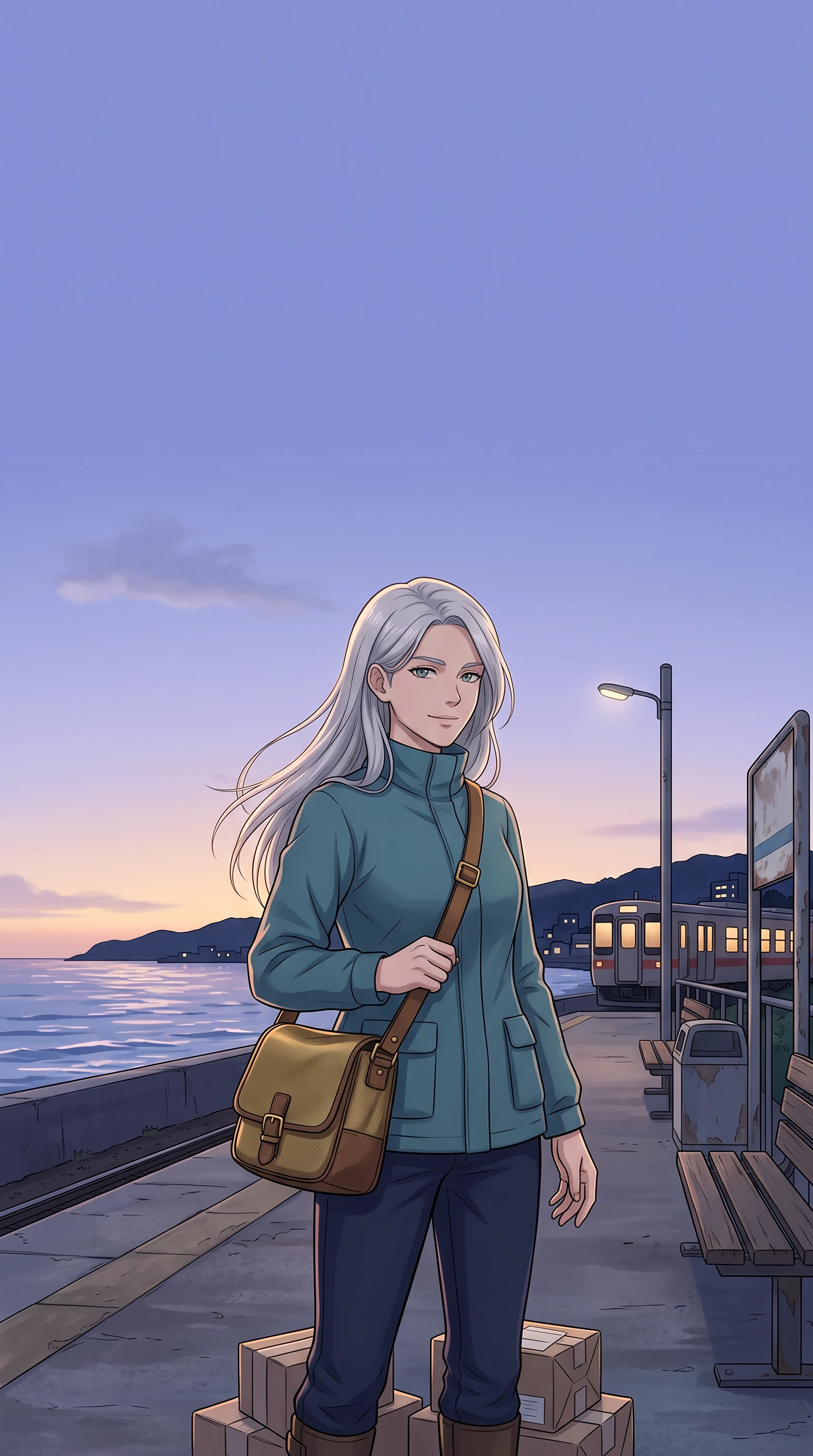 Vertical anime lock-screen illustration of an adult silver-haired courier below a clear twilight sky