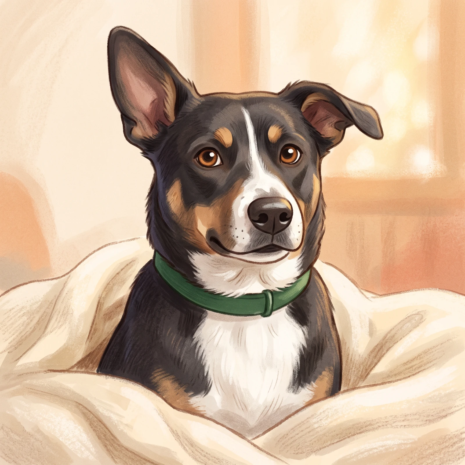 Reference-guided storybook portrait of the same tricolor dog with its white blaze and asymmetrical ears