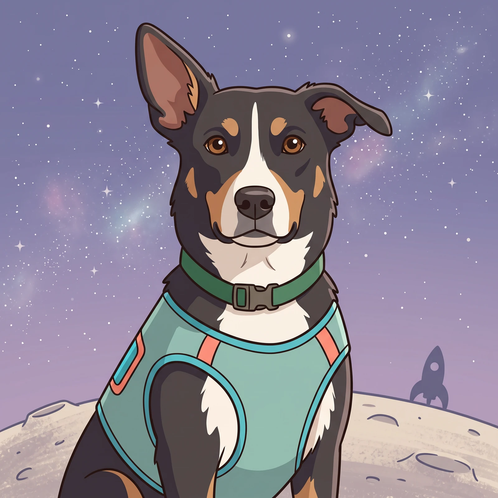 Reference-guided cartoon portrait of the tricolor dog as a cheerful space explorer