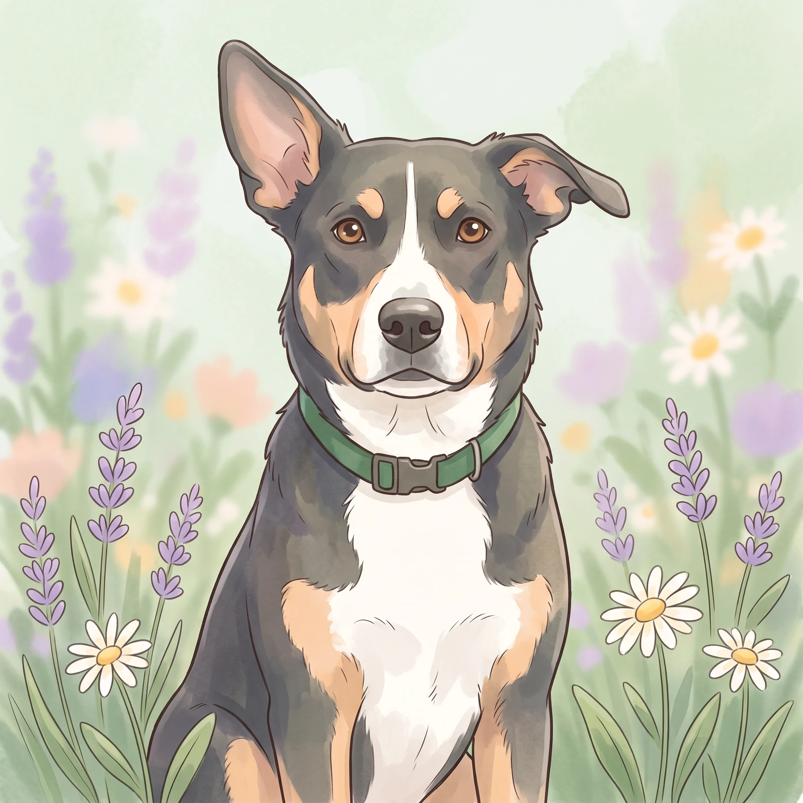 Reference-guided pastel garden cartoon of the tricolor dog with recognizable ears and coat markings
