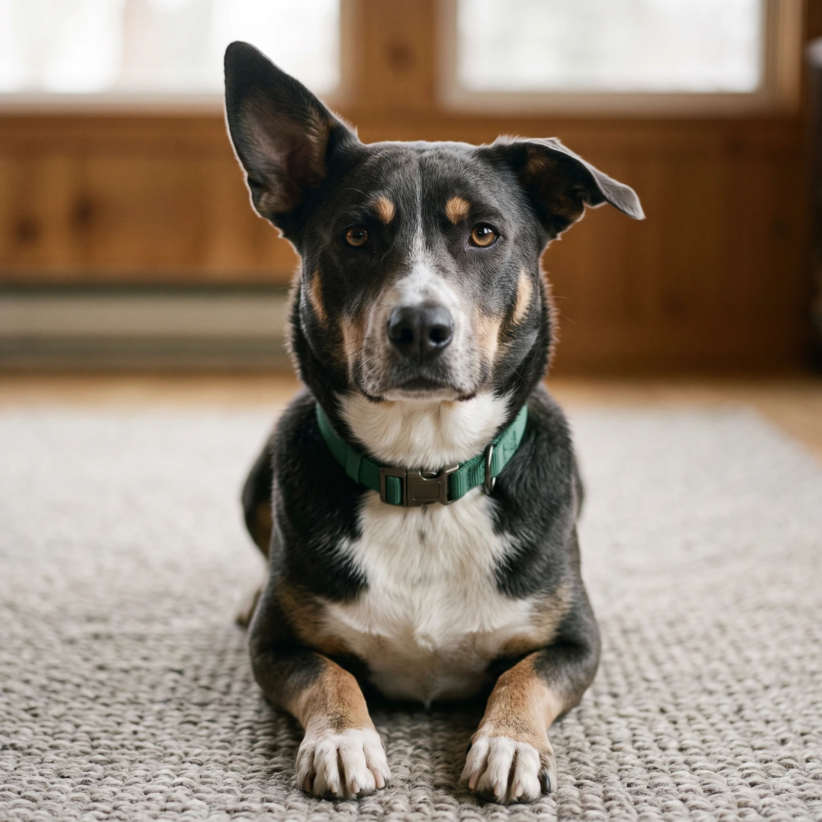 Synthetic reference photograph of an adult tricolor dog with a white blaze, tan eyebrows and one folded ear