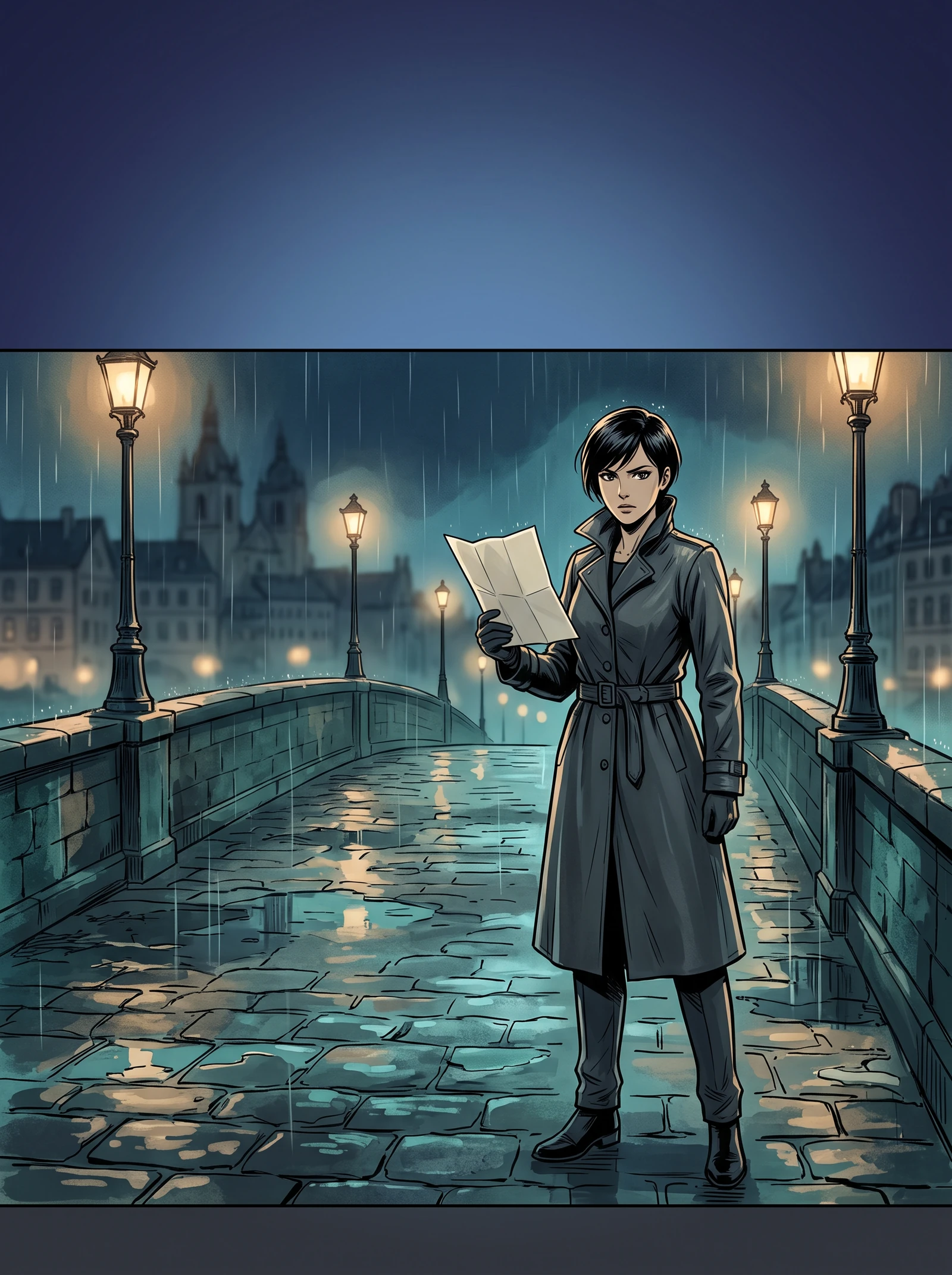 Portrait manga cover concept with an adult protagonist on a rain-lit bridge and open title space