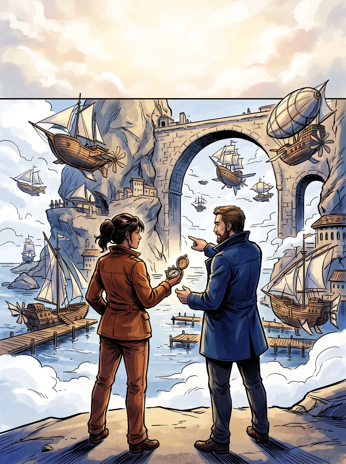 Portrait adventure manga cover with two adult navigators overlooking a floating harbor