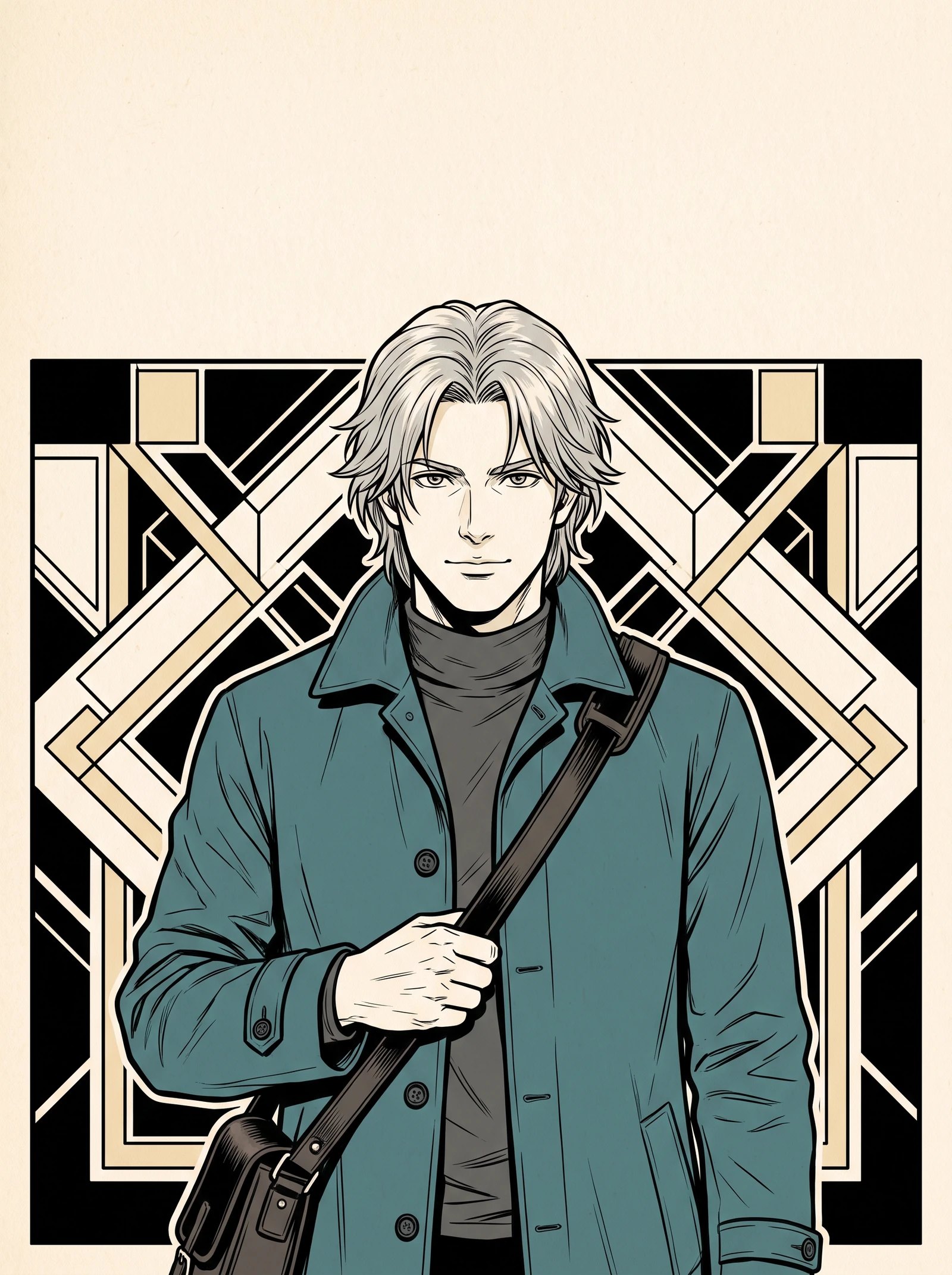 Portrait manga character cover of an adult silver-haired courier with a teal coat and blank title zone