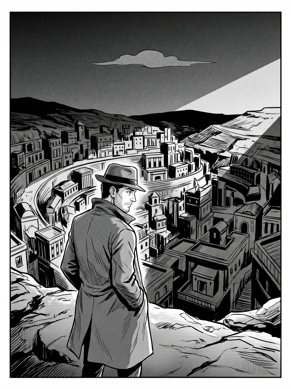 Monochrome mystery manga cover with an adult investigator and city silhouette below title space