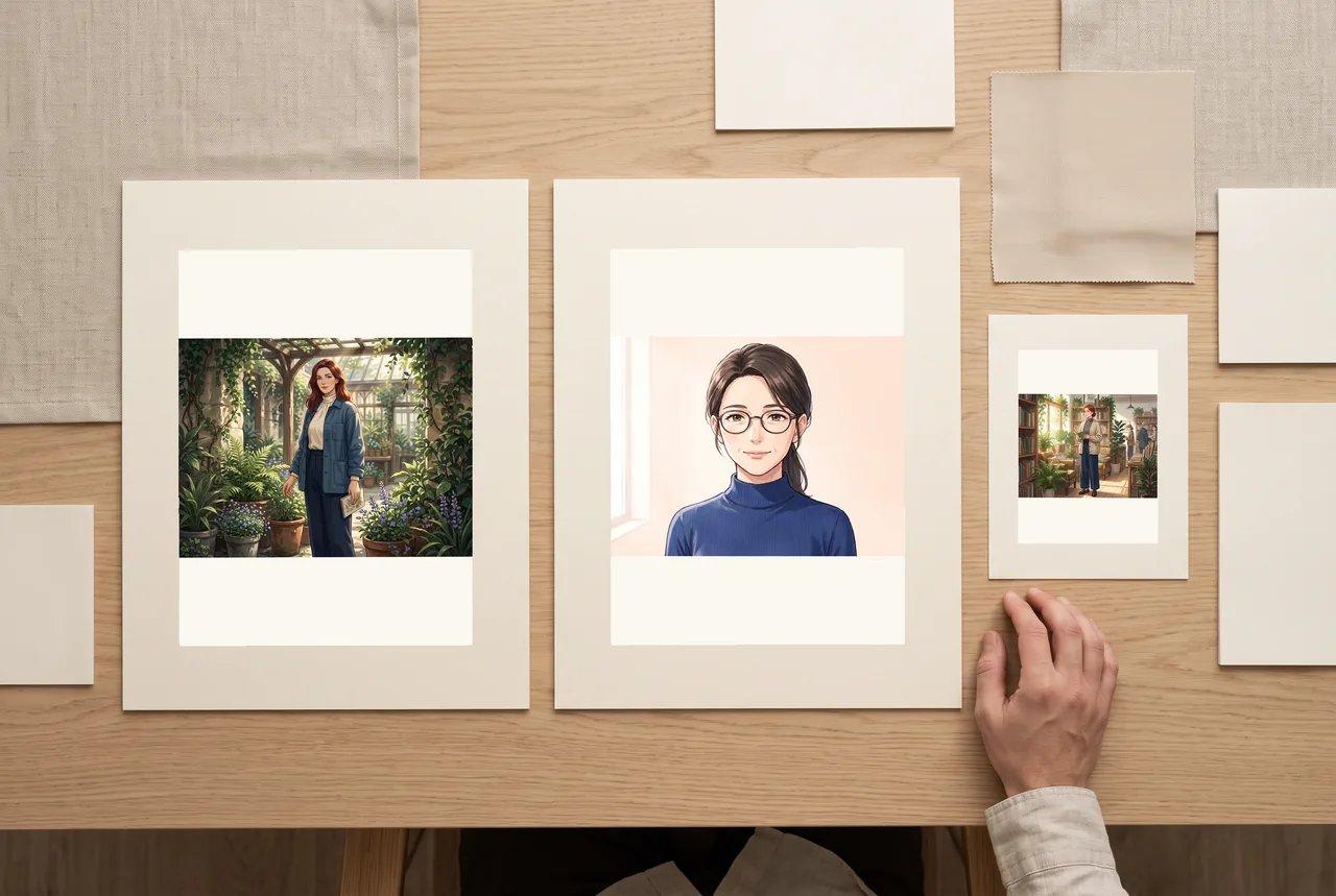 A coordinated adult-character portfolio set with matching art prints and a small portrait card.