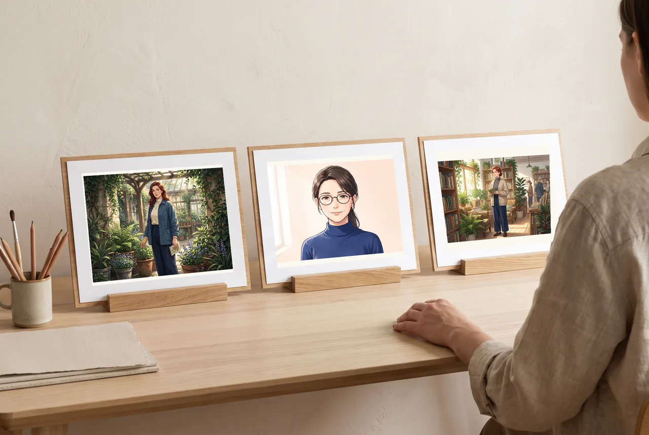 Botanical portrait, glasses study and bookstore-scene illustrations shown as three adult character directions.
