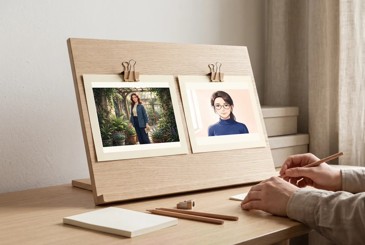 The original botanical adult portrait on a portfolio workboard, beside a separate glasses-and-expression study.