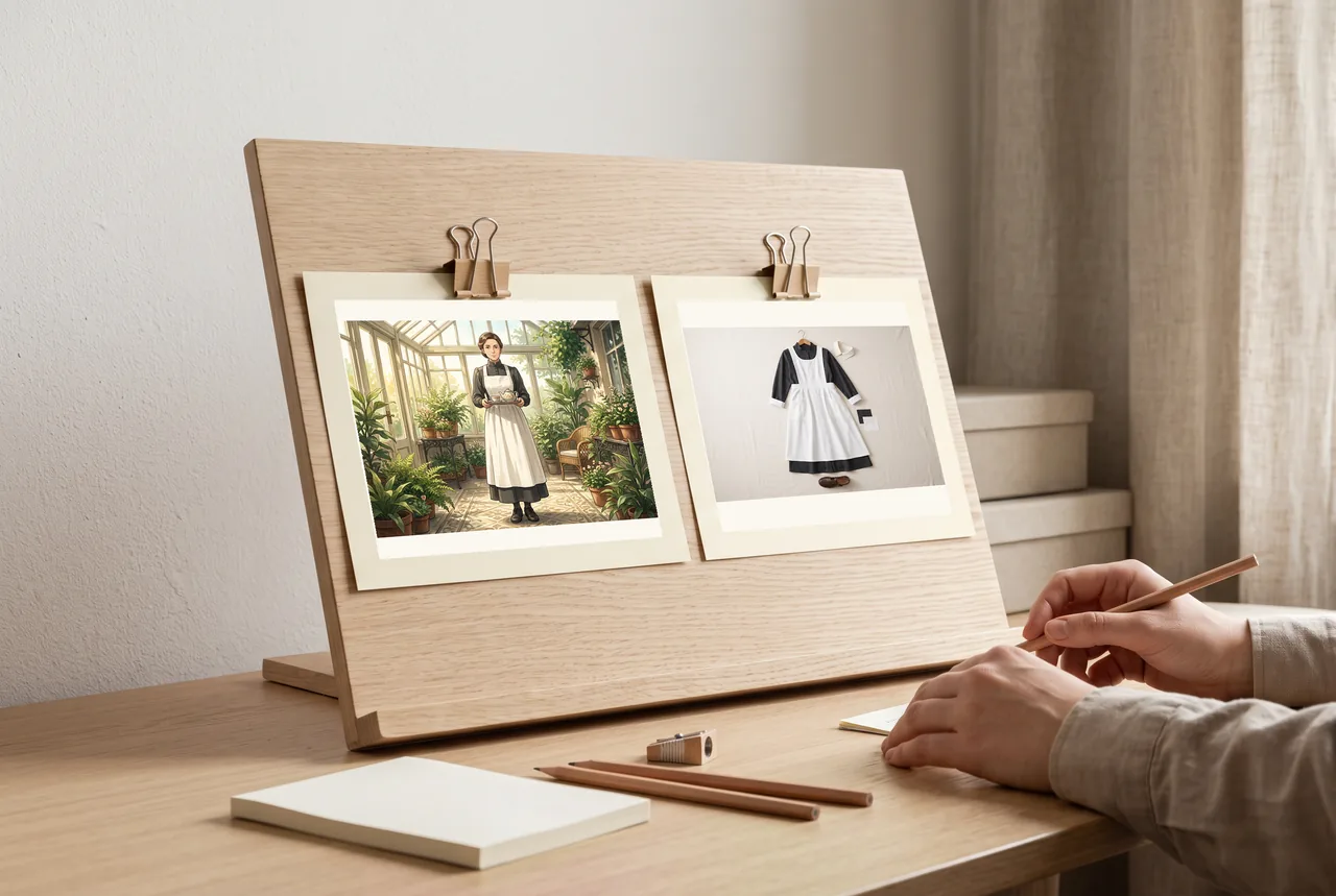 O conceito original de governanta adulta e o flat lay do avental apresentados em um painel de design de uniforme de trabalho.