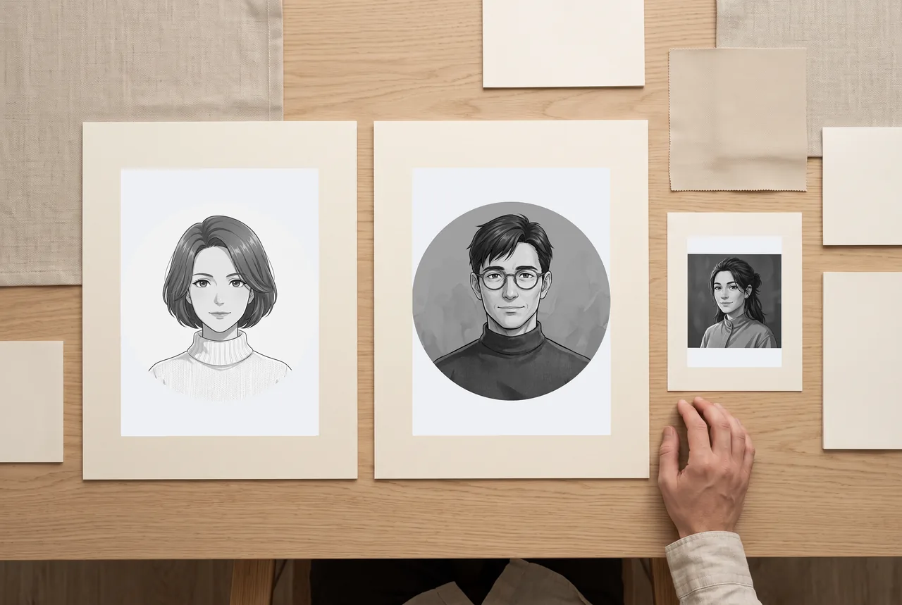 A coordinated set of circular portrait previews and square profile cards on a simple desk.