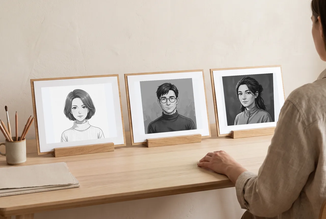 Three original adult anime portraits displayed as separate monochrome profile-card directions.