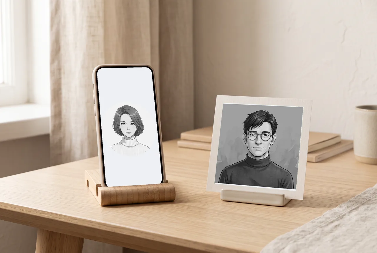 An original monochrome portrait shown as a circular profile preview on a phone beside a matching paper card.