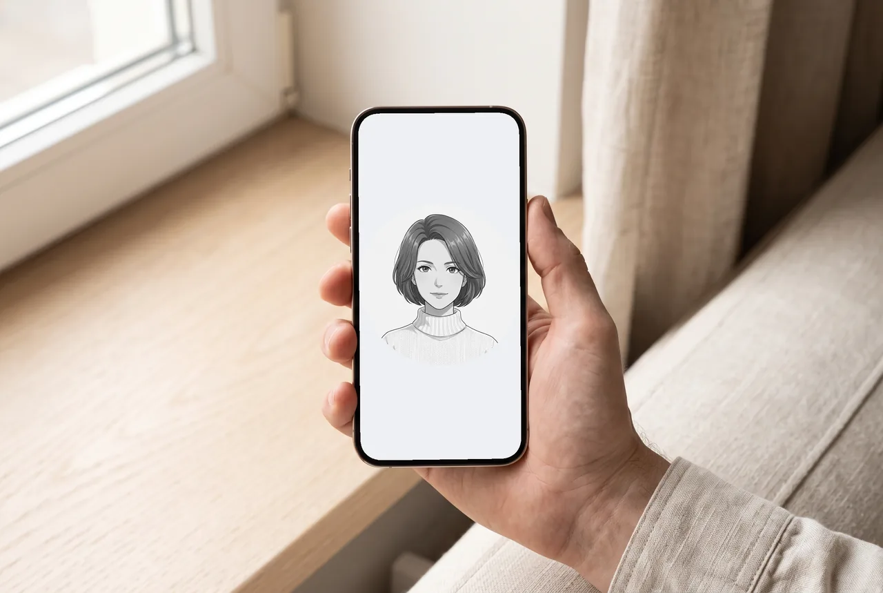 An adult hand holds a phone mockup with a circular crop of the original black-and-white portrait.