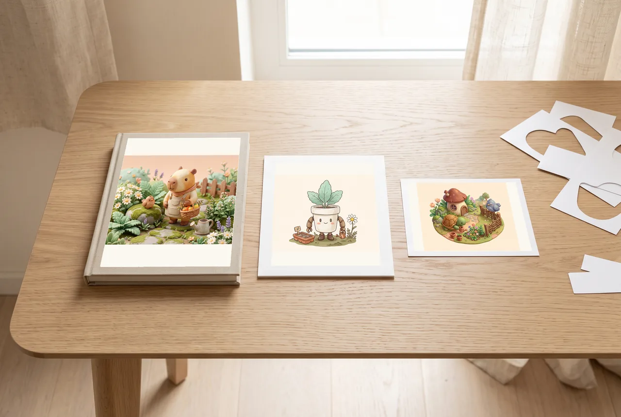 Different original mascots arranged as a coordinated notebook-and-card set with sticker-like paper shapes.