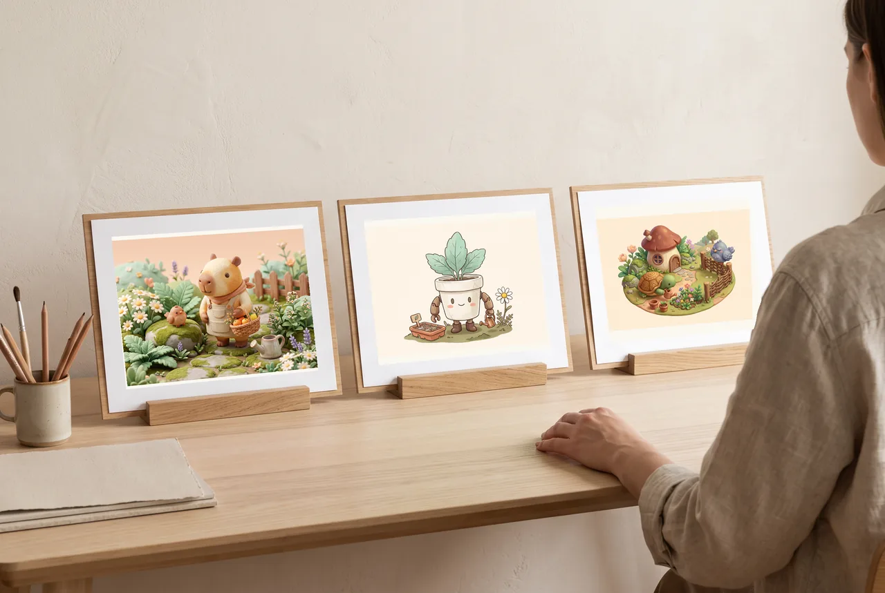 Capybara, flowerpot-robot and turtle illustrations shown as three different paper-art directions.