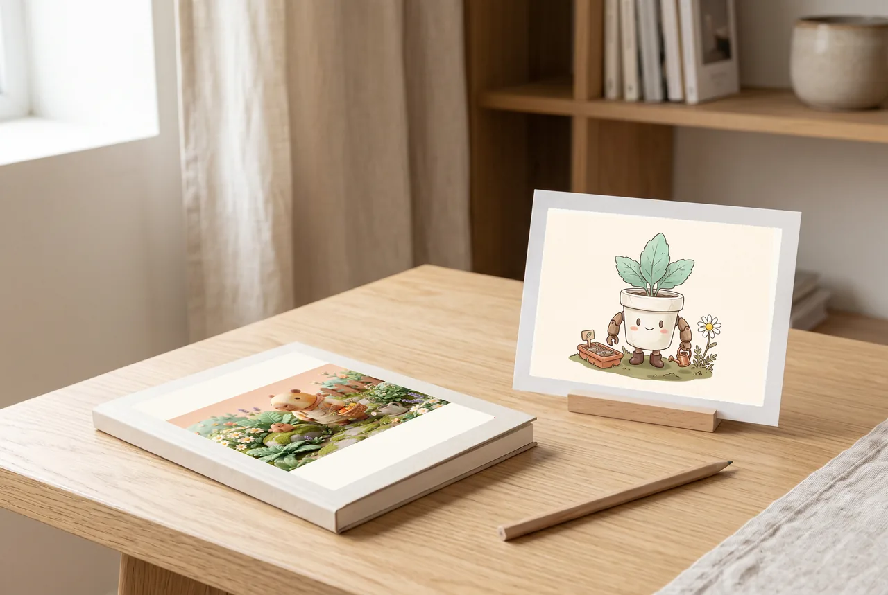 The capybara illustration presented on a notebook cover at a calm desk, with a small flowerpot-robot art card beside it.